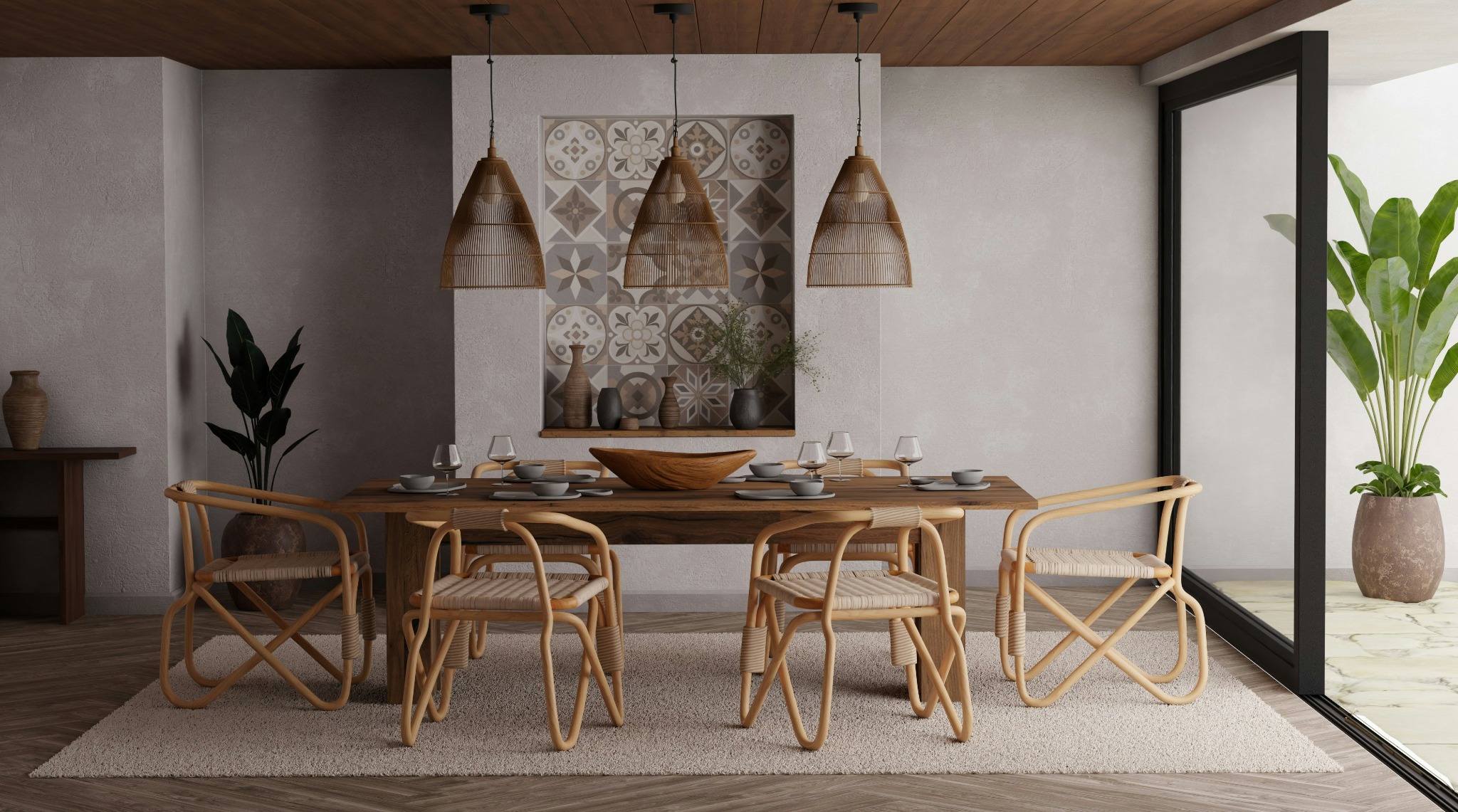 A light-filled layered living room with vintage furniture, artwork and plants